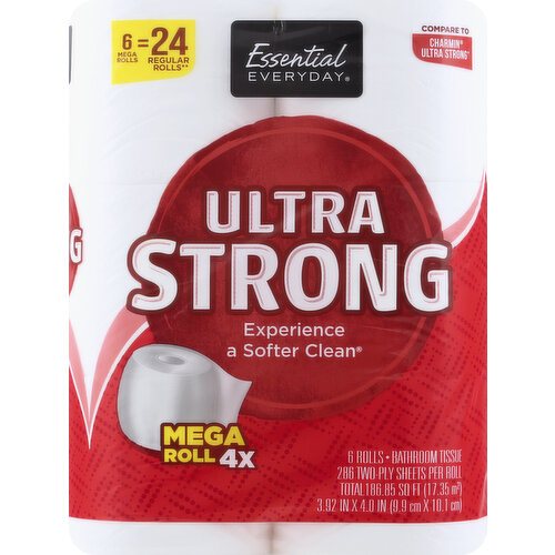 286 two-ply sheets per roll. Total 186.85 sq ft (17.35 sq m). 3.92 in x 4.0 in (9.9 cm x 10.1 cm). 6 mega rolls = 24 regular rolls (based on number of sheets). The ultimate softness. Mega roll 4x. Compare to Charmin Ultra Soft (Charmin Ultra Soft is a registered trademark of the Procter & Gamble Corporation. This product is not manufactured or made under the authorization of Procter & Gamble or one of its subsidiaries). Great products at a price you'll love - that's Essential Everyday. Our goal is to provide the products your family wants at a substantial savings versus comparable brands. We're so confident that you'll love Essential Everyday, we stand behind our products with a 100% satisfaction guarantee. Essential Everyday Ultra Soft Bathroom Tissue is ultra thick and ultra soft for ultimate softness. Our Bathroom Tissue contains no inks, dyes, or perfumes. Safe for septic and sewer systems. Septic safe. 100% Quality Guaranteed: Like it or let us make it right. That's our quality promise. essentialeveryday.com. Sustainable Forestry Initiative: Certified sourcing. www.sfiprogram.org. Made in USA from domestic and imported materials.