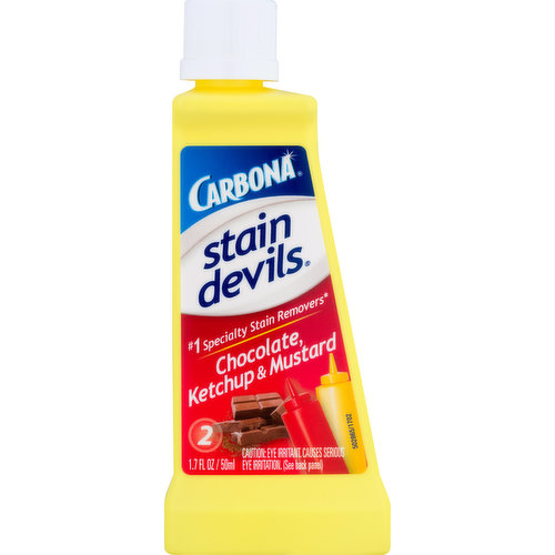 No. 1 specialty stain removers (Based on unit sales). Spot remover for washable & dry clean only fabrics. Stain Devils Stain Chart: No. 1: Nail Polish, Glue & Gum: Adhesives, candle wax, correction fluid. No. 2: Chocolate, Ketchup & Mustard: Pizza, sauces, salsa, spices. No. 3: Ink, Marker & Crayon: Pen, pencil, highlighter, dry erase marker, chalk. No. 4: Blood, Dairy & Ice Cream: Baby formula, eggs. No. 5: Fat & Cooking Oil: Butter, margarine, cooking grease, lard, mayonnaise, pesto. No. 6: Grass, Dirt & Makeup: Mascara, lipstick, foundation, toothpaste, pollen. No. 7: Motor Moil, Tar & Lubricants: Machine oil and grease, lotion, tree sap, shoe polish, fuel, ash and soot, floor wax. No. 8: Coffee Tea, Wine & Juice: Cola, baby food, fruits & vegetables, jelly, jam, syrup, mold & mildew, urine, perfumes, nicotine. No. 9: Rust & Perspiration deodorant. From grease stains to ink stains, Carbona Stain Devils are specifically-formulated to remove any laundry stain from washable and dry clean only fabrics. For the messiest of life's moments, claim your stain-victory with Carbona. The complete Stain Devils stain chart and social media links inside. Join the Conversation: Facebook. Twitter. Pinterest. Instagram. YouTube. /CarbonaUSA. There are nine different Stain Devils - each contains a unique formula that has been engineered to remove the most difficult stains. This also one of reasons why Stain Devils are the No. 1 specialty stain removers. Made in Germany by: delta pronatura, Egelsbach.