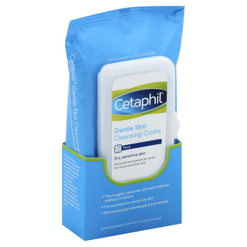 5.0 x 7.9 in (12 x 20 cm). Pre-moistened cloths. Thoroughly removes dirt and makeup without irritation. Formulated for sensitive skin. Dermatologist developed and tested. Questions? 1-866-735-4137. cetaphil.com. Quick and easy, these pre-moistened cleansing cloths are ultra soft and gentle for even the most sensitive skin. Thoroughly removing dirt and makeup without irritation, your skin will be left feeling clean, refreshed and balanced after every use. Soothing ingredients cleanse without stripping skin. Non-comedogenic, fragrance free and pH balanced. Dermatologist developed and tested. Ophthalmologist tested.