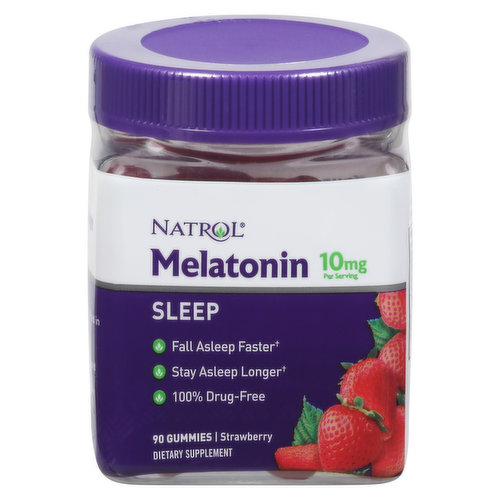 Fall asleep faster. Stay asleep longer. 100% drug-free. Your sweetest sleep yet. Natrol Melatonin gummies help you get better sleep so you wake up rested. And they taste great too! Melatonin is a solution for occasional sleeplessness. Sleep better tonight rest assured. Melatonin is naturally produced in the body to help guide our sleep-wake cycle. Factors like stress, diet, age and screen time before bed can interrupt Melatonin production and disrupt your sleep. Natrol Melatonin can help. No. 1 Melatonin brand (Nielsen xAOC, 52 weeks ending 10/5/19).