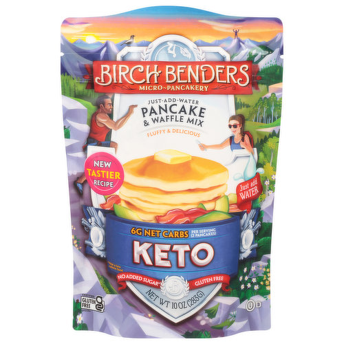 Micro-Pancakery. Just-add-water. New tastier recipe. Pancakes are back on the table! Our light and fluffy keto pancakes are made with no added sugar, wholesome high-quality ingredients and only 6g net carbs per serving. Now you can have your pancake and eat it too! About Birch Benders. We believe that some of the best moments in life are spent around the table with the ones you love. At Birch Benders, we're on a mission to bring people together, make your favorite foods better, and fill your days with stacks of fun!