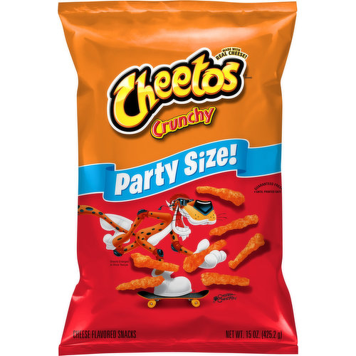 Cheese flavored snacks. Gluten free. Chester Cheetah. Made with real cheese! fritolay.com. Connect with Chester Cheetah: Facebook: facebook.com/cheetos. Twitter: (at)ChesterCheetah. Instagram: (at)cheetos. SmartLabel: Scan for more food information or call 1-800-352-4477. Questions or comments? 1-800-352-4477 Mon-Fri 9:00am to 4:30pm CT/email or chat at fritolay.com.