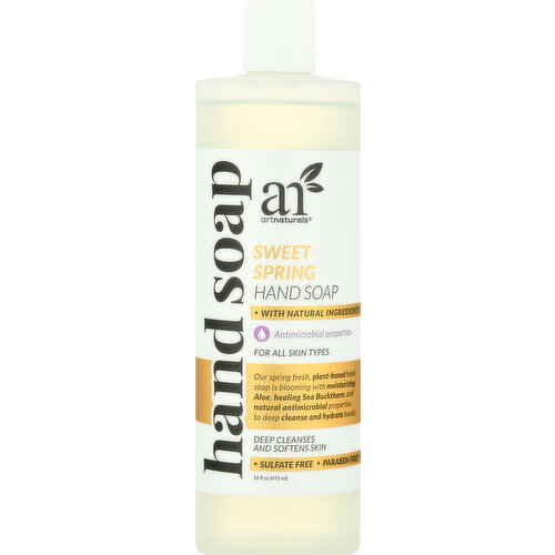 Vegan. With natural ingredients. Antimicrobial properties. For all skin types. Our spring fresh, plant based hand soap is blooming with moisturizing Aloe, healing Sea Buckthorn, and natural antimicrobial properties to deep cleanse and hydrate hands. Deep cleanses and softens skin. We believe that beauty treatments should stem from the purest forms of nature. We gather the finest ingredients and extracts from around the world. We handcraft health-conscious essentials for your skin, hair, and body. Benefits: Antioxidant-rich Aloe Vera helps your hands stay healthy with natural antibacterial properties that can shield against germs, and skin nourishing hydration to lock in moisture. Result: Get silky soft, touchable hands, with artnaturals plant-based cleansers that remove dirt and grime, for a deep down, natural clean you can feel, and a spring fresh honeydew scent you'll love. Our Promise: no! animal testing; no! parabens; no! sulfates; no! phthalate; no! silicones & dyes. Yes! vegan; yes! color safe; yes! eco friendly; yes! clean rinse; yes! made in USA. Sulfate free. Paraben free. artnaturals.com. Customer service 855-Art-4488. Eco friendly. Made in USA.