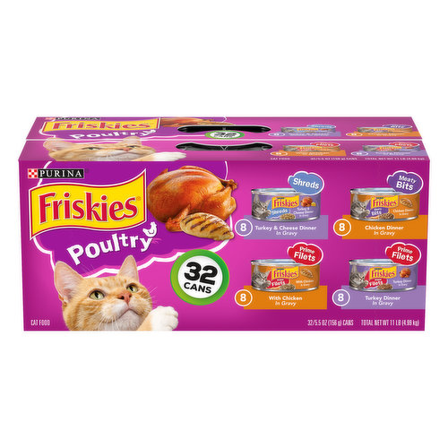 Shreds Turkey & Cheese Dinner in Gravy Calorie Content (Calculated) (ME): 857 kcal/kg, 134 kcal/can. Purina Friskies Shreds Turkey & Cheese Dinner in Gravy is formulated to meet the nutritional levels established by the AAFCO Cat Food Nutrient Profiles for maintenance of adult cats. Meaty Bits Chicken Dinner in Gravy Calorie Content (Calculated) (ME): 970 kcal/kg, 151 kcal/can. Purina Friskies Meaty Bits Chicken Dinner in Gravy is formulated to meet the nutritional levels established by the AAFCO Cat Food Nutrient Profiles for maintenance of adult cats. Prime Filets Turkey Dinner in Gravy Calorie Content (Calculated) (ME): 798 kcal/kg, 124 kcal/can. Purina Friskies Prime Filets Turkey Dinner in Gravy is formulated to meet the nutritional levels established by the AAFCO Cat Food Nutrient Profiles for maintenance of adult cats. Prime Filets with Chicken in Gravy Calorie Content (Calculated) (ME): 809 kcal/kg, 126 kcal/can. Purina Friskies Prime Filets with Chicken in Gravy is formulated to meet the nutritional levels established by the AAFCO Cat Food Nutrient Profiles for maintenance of adult cats. 8 - Shreds turkey & cheese dinner in gravy. 8 - Meaty Bits chicken dinner in gravy. 8 - Prime Filets with chicken in gravy. 8 - Prime Filets with turkey dinner in gravy. Includes all essential nutrients that support the growth of kittens and the maintenance of adult cats. Protein: Strong, lean muscles supported by high-quality protein. Taurine: Helps support clear, healthy vision. Purina.com. how2recycle.info. Printed in USA.