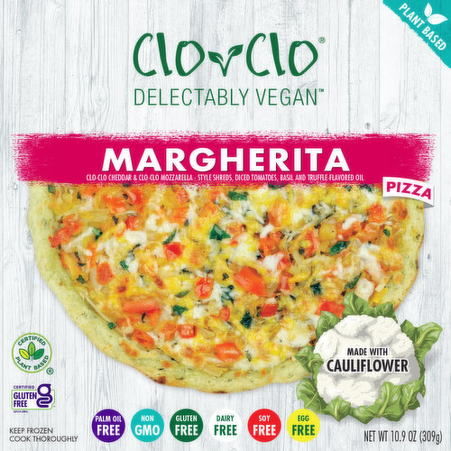 •Vital for some. Good for all: All of our foods are made with healthful plant-based ingredients•Allergy Friendly: Free from the top 8 Allergens, Non-GMO, Gluten Free and Vegan•No Artificial Ingredients: Egg Free, Diary Free, Lupin Free, Seafood Free, Peanut Free, Soy Free & Sesame Free•The Clo-Clo logo? It’s our very own Chloe’s signature and seal of approval on every box. Enjoy!•Directions: To assure food safety and protect the quality of this Clo-Clo pizza, keep it frozen until ready to bake. Thoroughly cook this pizza to 160 degrees F (don t eat it unbaked), and remember that oven temperatures vary, so adjust it and/or the baking time as required.Clo-Clo Vegan Foods was founded out of a mission to create awareness for auto immune diseases and to help families address vegan dietary needs. Chloe Hinnenkamp, the inspiration for Clo-Clo Vegan Foods, has Eosinophilic Esophagitis (EoE) - a chronic allergic inflammatory disease of the esophagus triggered mainly by food proteins. Clo-Clo Vegan Foods has eliminated the top allergens from all of our pizzas (Gluten, Egg, Dairy, Lupin, Seafood, Peanut, Soy & Sesame) to bring delicious & healthy foods to all. Enjoy a major leap forward in the quality, flavor, texture, and behavior of our cauliflower-based cheese. Additionally to our excellent flavor we believe our cheese is reminiscent of the real thing, Clo-Clo cheese shreds and melts like dairy-based cheese all of which makes a Clo-Clo pizza experience far closer to that of eating a conventional pie. It’s all atop a vegetable-based crust, made from broccoli, cabbage, carrots, kale, and cauliflower. Simple but sensational. A flavorful gluten-free crust welcomes the Clo-Clo tangy tomato sauce, abundant dairy-free cheddar that’s made from turmeric, and mozzarella-style shredded cheese with a taste and texture ever so close to the real thing.