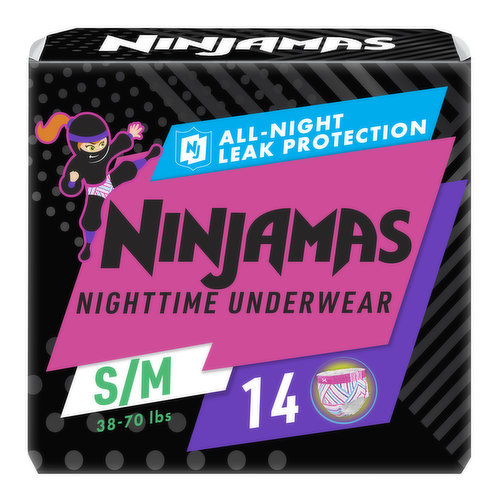 Ninjamas Nighttime Underwear Nighttime Bedwetting Underwear Girl Size S/M 14 Count