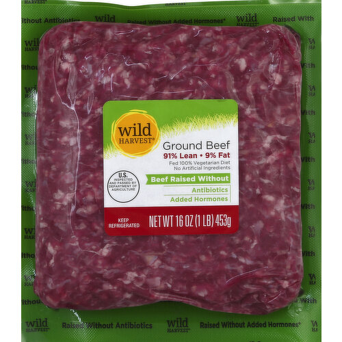 9% fat. Fed 100% vegetarian diet. No artificial ingredients. Beef Raised Without: Antibiotics; added hormones. US inspected and passed by Department of Agriculture. Live free with Wild Harvest. Wild Harvest beef is a complete selection of products that are sourced from responsible ranchers and raised without antibiotics or added hormones. Our ranchers take pride in producing the highest quality, best tasting products flavored by nature. Wild Harvest beef is pure and simple and supports your family's active lifestyle. Contact us at 1-877-932-7948, or www.supervalu-ourownbrands.com. Gluten free. Product of USA.