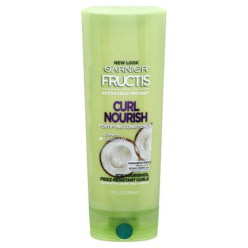 Vegan. New look. With active fruit protein. Glycerin + Coconut oil. For nourished, frizz-resistant curls. System for 24hr frizz control. Fructis formulas with Active Fruit Protein, an exclusive combination of citrus protein, Vitamins B3 & B6, fruit & plant-derived extracts and strengthening conditioners for healthier, stronger hair. Curl Nourish: Nourished, frizz-resistant curls: With system of shampoo, conditioner & leave-in cream. Our formula, with glycerin & coconut oil, provides intense nourishment for strong hair with smooth frizz-resistant curls. Fructis Cares: Paraben-free, gentle for everyday use. Vegan formula: no animal derived ingredients or by-products. Bottle made of recyclable PET plastic with 50% post-consumer recycled waste. Produced in a facility committed to sustainability. Our zero-landfill site recovered 95% of its waste in 2015. Partnered with Terracycle to keep beauty products out of landfills. Learn more at garnierUSA.com/green. www.garnierUSA.com. garnierUSA.com/green. 1-800-4Garnier (1-800-442-7643). Terracycle. Please recycle this bottle to help decrease landfill waste. Made in USA of U.S. and/or imported ingredients.
