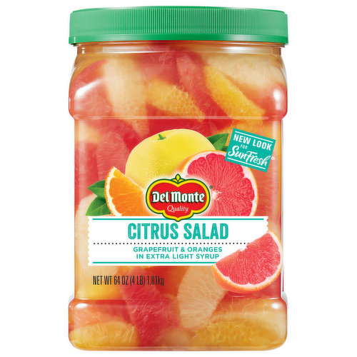 New look for SunFresh. Del Monte quality. Enjoy the perfect balance of sweet and tart with hand-sorted red grapefruit, white grapefruit, and orange slices anytime. Refreshingly chilled, our fruits are picked at the peak of ripeness and are an excellent source of antioxidant Vitamin C.