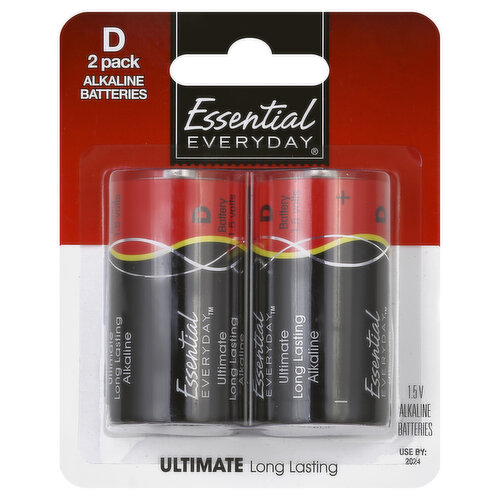 Essential Everyday Batteries, Alkaline, D, 2 Pack