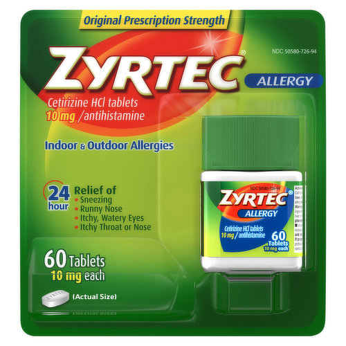 Zyrtec Allergy Relief Medicine Tablets relieve your worst indoor and outdoor allergy symptoms. 10 milligrams of cetirizine hydrochloride per tablet, this prescription-strength allergy relief medicine provides 24 hours of relief from common symptoms of hay fever and other upper respiratory allergies, including runny nose, sneezing, itchy, watery eyes, and itching of the nose or throat. From the number 1 allergist-recommended brand among OTC oral antihistamines, these all-day anti-allergy tablets effectively treat indoor allergies caused by dust, mold, and pet dander, as well as outdoor seasonal allergies from tree pollen, weeds, and grasses. This 24 hour allergy relief medicine starts working at hour 1 and works twice as hard when you take it again the next day. It is suitable for those ages 6 and older.