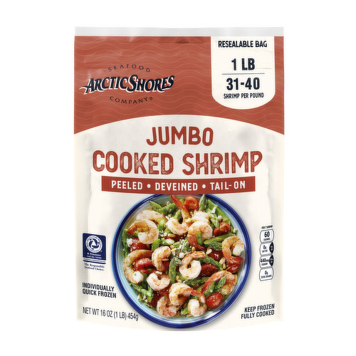 Arctic Shores Jumbo Frozen Cooked Shrimp, Peeled, Deveined, Tail-On, 31/40