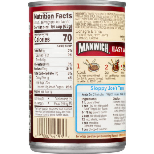 Manwich Sloppy Joe Sauce, Bold Flavor, Canned Sauce, 16 OZ, Canned Meat