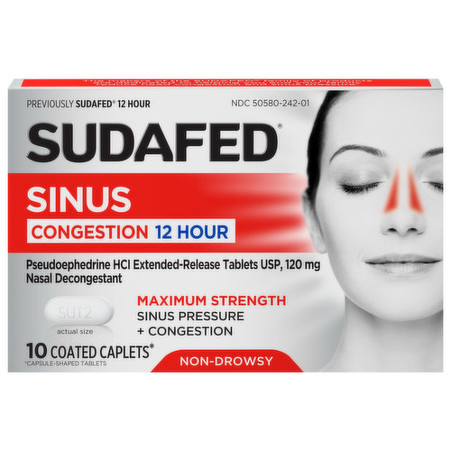 Sudafed Sinus, Maximum Strength, 120 mg, Non-Drowsy, Coated Caplets