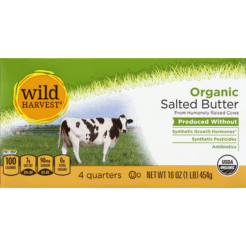 4 quarters. From humanely raised cows. Produced Without: Synthetic growth hormones (no significant difference has been shown in milk from cows treated with the artificial growth hormone rBST and non rbST treated cows); synthetic pesticides; antibiotics. USDA Organic. Certified organic by Quality Assurance International, Inc. Per 1 Tbsp: 100 calories; 7 g sat fat (35% DV); 90 mg sodium (4% DV); 0 g sugars. First quality. To learn more about Wild Harvest products, including our full line of organic products, and for more recipes, please visit www.mywildharvest.com. Please recycle. Product of USA.