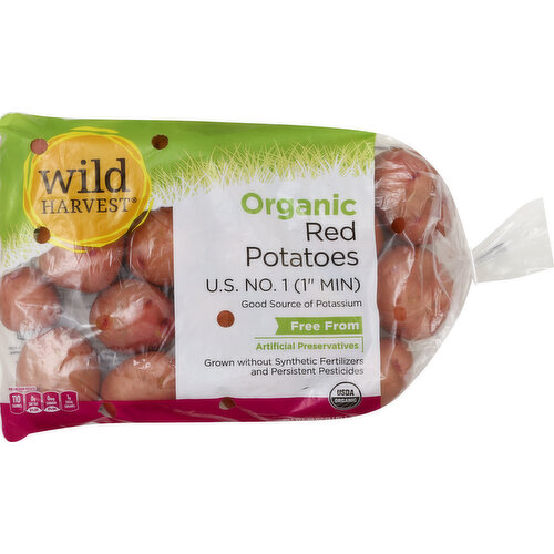 US No. 1 (1 inch min). Good source of potassium. Free from: artificial preservatives. Grown without synthetic fertilizers and persistent pesticides. Per 1 Medium Potato: 110 calories; 0 g sat fat (0% DV); 0 mg sodium (0% DV); 1 g sugars. USDA Organic. Live free with Wild Harvest. Wild Harvest is a complete selection of products that are free from more than 100 artificial preservatives, flavors, colors, sweeteners and additional undesirable ingredients. Our products are pure and simple because they're flavored and colored by nature and created to support your family's healthy and active lifestyle. People of all ages love the taste of Wild Harvest foods. To learn more about Wild Harvest products, including our full line of organic products, and for more recipes, please visit www.wildharvestorganic.com. Certified organic by California Certified Organic Farmers. 100% quality guaranteed. Like it or let us make it right. That's our quality promise. www.mywildharvest.com. Please recycle. Product of USA.