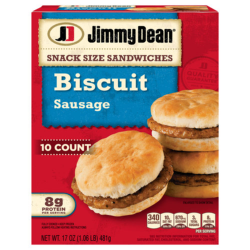The best days start with sausage and biscuits. Featuring seasoned sausage patties on mini golden baked biscuits, Jimmy Dean Frozen Snack Size Sausage Biscuit Sandwiches are delicious to the last bite. With 8 grams of protein per serving, these tasty little sandwiches are perfect for breakfast or snacking. Simply microwave and serve for a warm biscuit sandwich at home or on-the-go. Includes 10 biscuit sandwiches. Jimmy Dean once said, "Sausage is a great deal like life. You get out of it what you put in." Which pretty much sums up his magic formula for having a great day. Today, Jimmy Dean Brand brings you many ways to add some sunshine to your morning. Because today's your day to shine on.