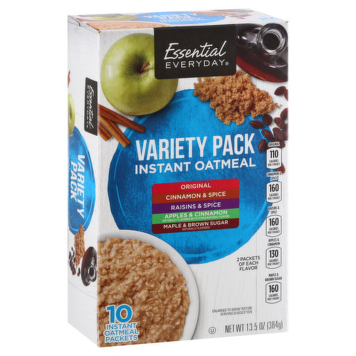 Apples & Cinnamon: Naturally flavored with other natural flavors. Maple & Brown Sugar: Naturally flavored. Original: 110 calories per 1 packet. Cinnamon & Spice: 160 calories per 1 packet. Raisins & Spice: 160 calories per 1 packet. Apples & Cinnamon: 130 calories per 1 packet. Maple & Brown Sugar: 160 calories per 1 packet. 2 packets of each flavor. 100% quality guaranteed. Like it or let us make it right. That's our quality promise. 877-932-7948. essentialeveryday.com. Eco-friendly packaging. Carton made from 100% recycled paperboard minimum 35% post-consumer content. Please recycle.