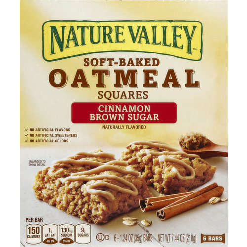 Naturally flavored. No artificial flavors. Per Bar: 150 calories; 1 g sat fat (5% DV); 120 mg sodium (5% DV); 9 g total sugars. Contains bioengineered food ingredients. Learn more at Ask.GeneralMills.com.  No artificial sweeteners. No artificial colors. When we get outside, something amazing happens. You can feel it. It can make us feel more energized, helps manage stress, and strengthen our families. We think the world could use a little more of that. www.naturevalley.com/nature. generalmills.com. how2recycle.info. Tell us what you think? Share it on: Twitter. Instagram. We are better outside. To learn more see www.naturevalley.com/nature. We welcome your questions and comments: generalmills.com. 1.800.231.0208. Box Tops for Education. No more clipping. Scan your receipt. See how at btfe.com. 100% recycled paperboard. Carbohydrate Choices: 1-1/2.