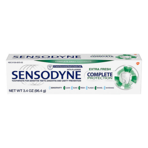 Sensodyne Complete Protection Sensitive Toothpaste is specially formulated to provide all around daily toothpaste needs in one complete stannous fluoride toothpaste. This anticavity toothpaste promotes healthy gums, fights cavities and fights gingivitis as it protects sensitive teeth for lasting relief. With twice daily brushing, this teeth whitening sensitive toothpaste also rebuilds and rehardens enamel, helps you restore the natural whiteness of your teeth and leaves a clean feeling in your mouth. At 3.4 ounces, this Extra Fresh toothpaste comes in a convenient travel size within TSA requirements, making it easy to take with you. For best results, brush for two minutes, twice daily. Get lasting protection from tooth sensitivity with Sensodyne.