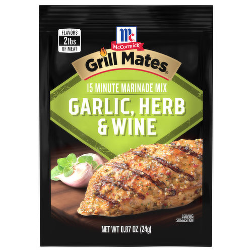 Put your grill to work with McCormick Grill Mates Garlic, Herb & Wine Marinade Seasoning Mix. A dry blend of garlic, white wine, thyme and red pepper, it brings robust flavor to whatever you're cooking ... chicken, pork, seafood or vegetables. Combine 1 marinade mix packet with 1/4 cup water and oil, 1 tablespoon white or balsamic vinegar and two pounds of meat or seafood. Add flame and prepare to enjoy serious Mediterranean-inspired flavor.