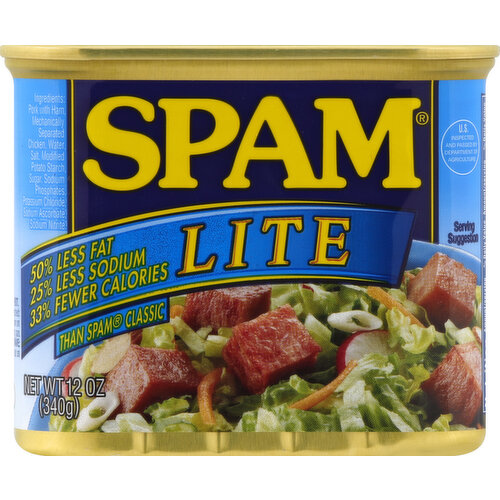 50% less fat; 25% less sodium; 33% fewer calories than Spam Classic. US inspected and passed by Department of Agriculture. Wake up your eggs! Stir dices Spam Lite into scrambled eggs. Follow us on: Facebook. Twitter. Sizzle pork and mmm for more fun ideas visit spam.com. Spam Lite - 110 calories, 8 g of fat, 580 mg of sodium per serving. Spam Classic - 180 calories, 16 g fat, 790 mg of sodium per serving. Gluten free. Visit us at www.spam.com. Recyclable aluminum.