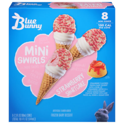 Blue Bunny Mini Swirls Frozen Dairy Dessert, Strawberry Shortcake, Mini Cones