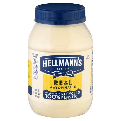 Real mayonnaise. Made with 100% cage-free eggs. Per 1 Tbsp Serving: 90 calories; 1.5 g sat fat (8% DV); 90 mg sodium (4% DV); 0 g total sugars. Contains 680mg ALA per serving, which is 43% of the 1.6g daily value of ALA. See nutrition information for fat and saturated fat content. Gluten free. Excellent source of omega 3 ALA. Est. 1913. Real taste. Less waste. You may notice our jars are slightly darker. It's the same great mayonnaise you love, not in a 100% recycled plastic jar. Known as best foods West of the Rockies. For over 100years, Hellmann's has been committed to using real, simple ingredients to craft the highest quality mayonnaise. We are committed to sourcing our oils sustainably. Richard Hellmann. Bring out the best.
Quality of this product is guaranteed. Learnaboutmyfood.com.
Hellmanns.com/BlueRibbonQuality. Discover more at Learnaboutmyfood.com. Something to tell us? Please call 1-800-418-3275. Learn more at Hellmanns.com/BlueRibbonQuality. Jar made from 100% recycled plastic. Rinse & replace lid. Plastic jar. how2recycle.info.