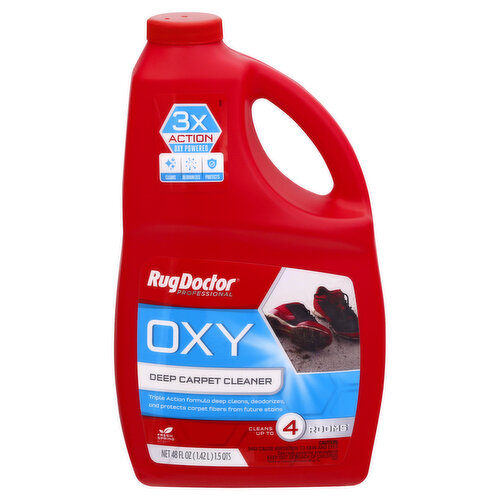 Triple action formula deep cleans, deodorizes and protects carpet fibers from future strains. 3x action oxy powered cleans, deodorizes, protects. Cleans up to 4 rooms (Based on average room size (180 sq. ft)). Triple action oxy deep carpet cleaner. 1. Deep cleans with oxy power to remove tough ground-in dirt and grime. 2. Deodorizes leaving carpets renewed and refreshed. 3. Protects with spotblok technology to prevent spills and stains from setting in. Safe for pets and kids. The Carpet and Rug Institute seal or approval. carpet.rug.org. (CRI test measures soil removal and is the industry standard Certified with Rug Doctor cleaning machines). rugdoctor.com. For more ingredients info or to learn more visit rugdoctor.com or call 1-800-784-3628. Printed in U.S.A.