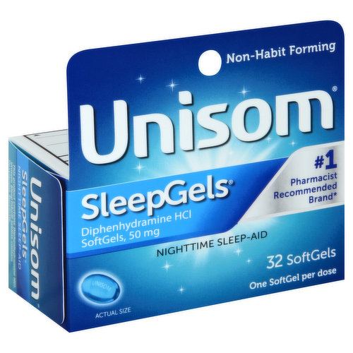 Misc: Diphenhydramine HCI. Non-habit forming. No. 1 pharmacist recommended brand (Pharmacy times - 2015 OTC survey). One softgel per dose. After a stressful day, every minute of sleep matters. After all, a restful night's sleep is important to your overall health. Non-habit forming Unisom, SleepGels helps you fall asleep fast, sleep through the night, and wake refreshed. www.Unisom.com.