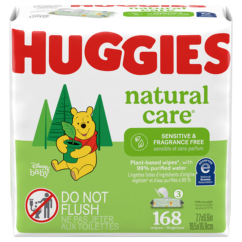 Huggies Natural Care Sensitive Baby Wipes are soft, plant-based wipes since 1990, made with 99% purified water and 1% skin essential ingredients for a gentle clean. Infused with aloe and vitamin E, the unique base sheet locks-in and absorbs the mess to help keep your baby's skin clean and moisturized. Safe for sensitive skin with no harsh ingredients, Huggies Natural Care unscented diaper wipes are hypoallergenic, dermatologist-tested and pH-balanced to help maintain healthy skin for your baby. They're recognized by the National Eczema Association because they're safe for sensitive skin, being fragrance free, alcohol free, paraben free and do not contain phenoxyethanol or MIT. Huggies Natural Care unscented baby wipes are extra soft and gentle, making them ideal for sensitive newborn skin. These disposable baby wipes come in exclusive Winnie-the-Pooh packaging for a delightful touch. Plus, with EZ Pull 1-Handed Dispensing, it's easy to grab wipes without wasting sheets! With the #1 branded wipe**, you can feel confident you are giving baby a safe, gentle clean every time. Join the Huggies Rewards Powered by Fetch to get rewarded fast. Earn points on Huggies diapers and wipes, in addition to thousands of other products to redeem for hundreds of gift cards. Check out the Fetch Rewards app to get started today! (*70%+ by weight) (**Based on US Nielsen data ending 9/4/2021)