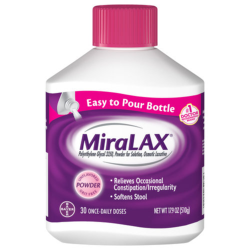 In Each Dose Other Information: Store at 20 degrees - 25 degrees C ( 68 degrees - 77 degrees F). Tamper-Evident: Do not use if foil seal under cap, printed with "sealed for your protection" is missing, open or broken. Sugar free. Easy to pour bottle. No. 1 Doctor recommended brand. Polyethylene glycol 3350, powder for solution, osmotic laxative. Grit free. Relieves occasional constipation/irregularity. Softens stool. 30 once-daily doses. MiraLAX increases frequency of bowel movements and softens the stool. Dissolves in any beverage. Measuring cap. Questions or comments? 1-800-MiraLAX (1-800-647-2529).