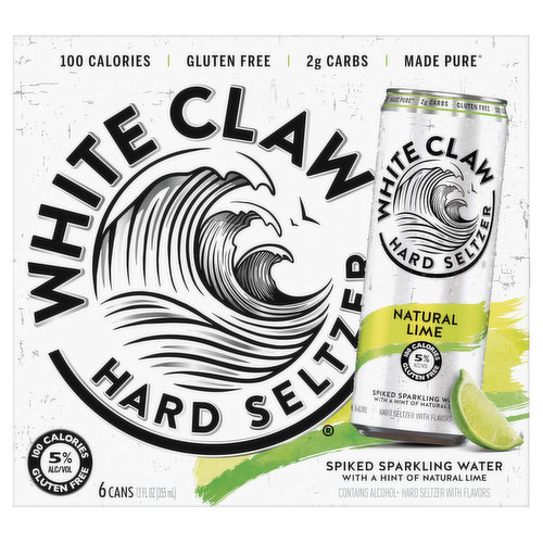 Spiked sparkling water with a hint of natural lime. Hard seltzer with flavors. 100 calories. 2 g carbs.  Gluten free. Naturally gluten free. Crafted using our unique BrewPure process and only the finest flavors to deliver a surge of pure refreshment and a hard seltzer like no other. White Claw Hard Seltzer. Made pure. BrewPure: Made using proprietary BrewPure brewing process. Discover more at www.whiteclaw.com. Please drink responsibly. www.whiteclaw.com. Facebook. Instagram. Sustainable Forestry Initiative: Certified fiber sourcing. www.sfiprogram.org. Please recycle. 5% alc/vol. 10