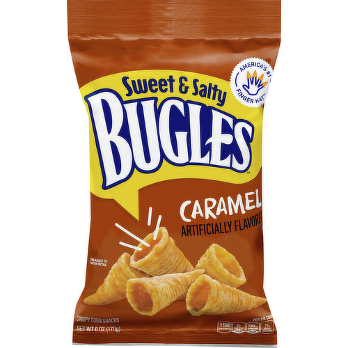 Artificially flavored. Per 2/3 Cup: 150 calories; 5 g sat fat (25% DV); 190 mg sodium (8% DV); 11 g total sugars. Contains Bioengineered Food Ingredients. Learn more at Ask.GeneralMills.com. America's No. 1 finger hat. Who should eat bugles? Anyone. Tiny house dwellers and  big city dreamers. Nosy neighbors and lion tamers. Amateur rappers and selfie snappers. Babysitters and avid knitters. Ninjas and cute baby otters. Nine out of ten auctioneers. www.GeneralMills.com. how2recycle.info. (hashtag)buglefingers. Box Tops for Education: No more clipping. Scan your receipt. See how at BTFE.com. Ask Everyone. Bugles Original flavor. Bugles Nacho cheese flavor. Bugles Ranch. Da ta Dah! Carbohydrate Choices: 1.