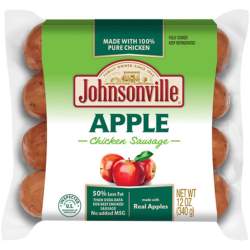 With real apples. 50% less fat than USDA data for pork smoked sausage. Fully cooked. 0 g trans fat per serving. No MSG added. Inspected for wholesomeness by US Department of Agriculture. 50% less fat. Fat has been lowered from 24 g to 12 g per serving. Gluten free. Weight Watchers PointsPlus Value: 5. The PointsPlus value for this product was calculated by Johnsonville Sausage and is provided for informational purposes only. This is not an endorsement, sponsorship or approval of this product or its manufacturer by Weight Watchers International, Inc., the owner of Weight Watchers and PointsPlus trademarks. Questions or comments? Keep package for reference and call 1-888-556-2728. Visit www.Johnsonville.com for delicious recipes!