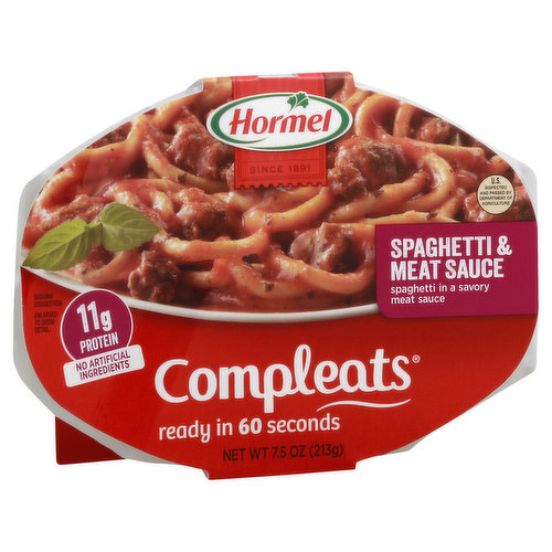 Spaghetti in a savory meat sauce. 11 g protein. Since 1891. No artificial ingredients. Ready in 60 seconds. US inspected and passed by Department of Agriculture. www.hormel.com. Visit www.hormel.com; 1-800-523-4635.
