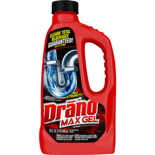 Contains no phosphorus. Safe on metal & plastic pipes. Clears total blockages guaranteed! or it's free (Visit www.drano.com for details). www.scjohnson.com. www.drano.com. Questions? Comments? Call 800-558-5252 or write Helen Johnson. Learn more at: www.scjohnson.com. Environmental Facts: Please recycle. Made with over 30% renewable and sustainable energy.