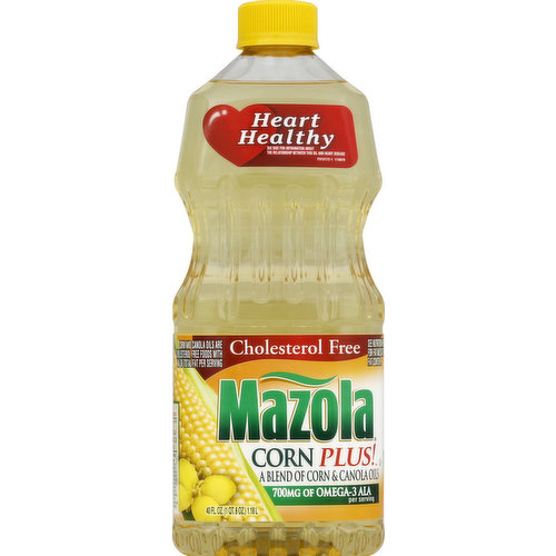 A blend of corn & canola oil.700 mg of Omega-Hearth healthy. See side for information about the relationship between this oil and heart disease. Corn and canola oils are cholesterol free foods with 14 g of total fat per serving. See nutrition information for fat and saturated fat content. Corn plus! Is a delicious way to cook because it is naturally cholesterol free plus it is a natural source of Omega 3 ALA try it today for all of your cooking needs. Use Mazola corn plus! oil for: deep frying. Stir-frying sauteing. Baking. ACH Guarantee Quality. Very limited and preliminary scientific evidence suggests that eating about 1 tbsp (16 grams) of corn oil daily may reduce the risk of heart disease due to the unsaturated fat content in corn oil. FDA concludes there is little scientific evidence supporting this claim. To achieve this possible benefit, corn oil is to replace a similar amount of saturated fat and not increase the total number of calories you eat in a day. one serving of this product contains 7 grams of corn oil. Questions or comments please call: 1-866-4-Mazola (4.629652) www.mazola.com. Product of Canada and USA.