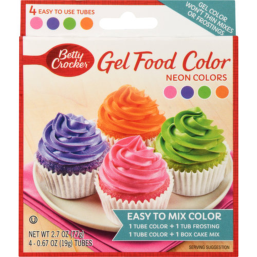 4 easy to use tubes. Gel colors won't thin mixes or frostings. Easy to Mix Color: 1 tube color + 1 tub frosting. 1 tube color + 1 box cake mix. Easy color blending & mixing. Gel base won't dilute even the most delicate recipes. Squeeze tubes make dispensing and color mixing simple. Consumer Inquiries: 1-877-726-8793. Tip: To achieve the perfect color, simply add 1 tube of Betty Crocker gel food color to 1 tub of Betty Crocker white frosting or 1 box of Betty Crocker white cake mix. Made in USA.