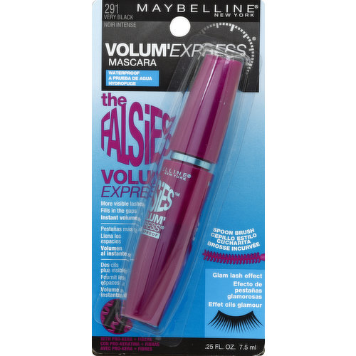 False lash effect mascara. Instant volume. Corner to corner, without gaps. False lash effect. Before. After. Spoon brush. Waterproof Mascara: Instant False Lash Look: Instant False Lash Look: Kera-fiber infused formula builds corner to corner volume and fills gaps, does not clump. Flexible spoon brush easily glides through lashes, scooping and coating from root to tip. Ophthalmologist tested. Suitable for contact lenses. www.maybelline.com. Made in USA of US and/or imported ingredients.