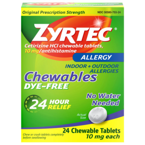 Zyrtec Allergy, Original Prescription Strength, 10 mg, Chewable Tablets