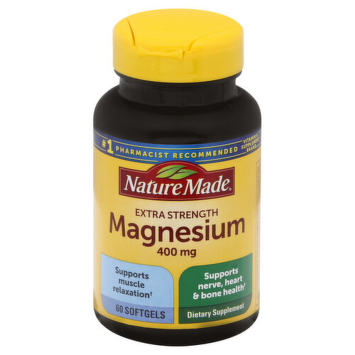 Dietary Supplement. List No. 2576. L600. No artificial flavors. Gluten free. No. 1 pharmacist recommended vitamin & supplement brand. Supports muscle relaxation. Supports nerve, heart & bone health. No synthetic dyes - colors derived from natural sources. No preservatives. www.NatureMade.com. (These statements have not been evaluated by the Food and Drug Administration. This product is not intended to diagnose, treat, cure, or prevent any disease.) Encapsulated and quality tested in the USA. Made to our guaranteed purity and potency standards.