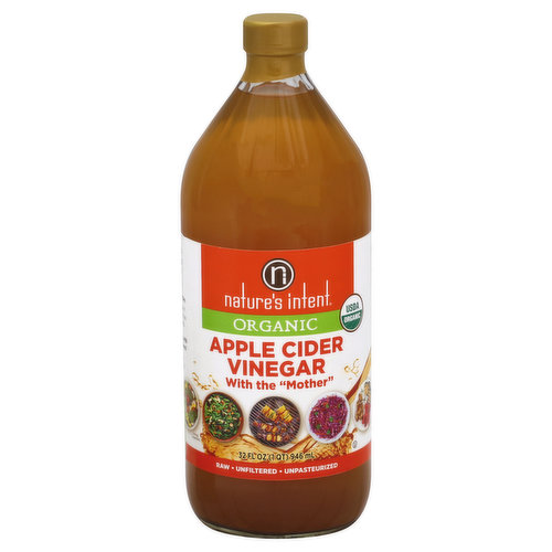 With the Mother. Raw. Unfiltered. Unpasteurized. USDA organic. Nature's Intent Organic Apple Cider Vinegar can brighten & awaken your favorite foods & recipes. Since 1804, we have crafted vinegar with care in our family for eight generations! naturesintentvinegars.com. Questions or comments, please call: 1-866-819-2323. Gluten free. Certified organic by Quality Assurance International. Save $1.00 on any one (1) Nature's Intent organic apple cider vinegar. Consumer: Only use this coupon to purchase products specified. You must pay sales tax. Retailer: We will reimburse you the face value of the coupon plus 8 cents handling, provided you honor this coupon for retail sales of the product specified and furnish proof of purchase upon request. Coupons not redeemed legitimately could violate US Mail Statutes. Void when duplicated, transferred, assigned, taxed, restricted or where prohibited. Cash value 1/100 cents. Limit one coupon per purchase. Redemption Address: Mizkan America, Inc., CMS Dept. No. 51192, 1 Fawcett Drive, Del Rio, TX 78840. Just the way nature intended. Raw, unfiltered and unpasteurized - perfect for every dish. Discover recipes and tips at NatureIntentVinegars.com.