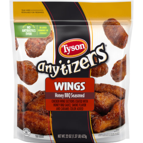 Take snack time to the next level with Tyson Any’tizers Honey BBQ Bone In Chicken Wings. Fully cooked chicken wings are covered in sweet, smoky Honey BBQ sauce. Simply heat chicken wings and serve with your favorite dipping sauce. Each package includes 22 oz of Honey BBQ Bone In Chicken Wings. Keep it real. Keep it Tyson.