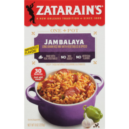 A New Orleans tradition since 1889. Improved flavor! Made with real vegetables. No artificial flavors. No MSG added (except those naturally occurring glutamates). 30 minutes just add meat! Creole Jambalaya was born in New Orleans in the 18th century when Spanish settlers tried to recreate their beloved Paella using Louisiana ingredients. Today it's a local staple, common from music festivals to Mardi Gras Parties to quiet weeknight meals. Zatarain's has been the leader in authentic New Orleans style food since 1889. So when you want great flavor. No rules! Be creative! Enjoy! Jazz it up with Zatarain's. No colors from artificial sources.