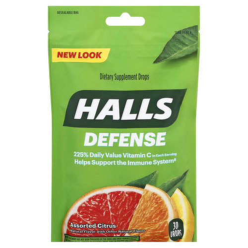 Dietary Supplement. Natural flavor with other natural flavor. 225% daily value vitamin C in each serving. New look. Helps support the immune system. Assorted citrus halls defense vitamin c supplement supplement drops are available in the following flavors: Lemon, pink grapefruit and orange. Assortment in each package may vary. www.gethalls.com. Questions? Call 1-800-524-2854, Monday to Friday, 9 AM - 6 PM Eastern Time or visit our website or www.gethalls.com. The right halls for the right moment. Halls Relief, Halls Soothe: Relieves coughs soothes sore throats. Halls Breezers: Soothes everyday throat irritations. Halls Defense: Helps support the immune system.  Resealable. (This statement has not been evaluated by the Food and Drug Administration. This product is not intended to diagnose, treat, cure, or prevent any disease). Made in Canada.