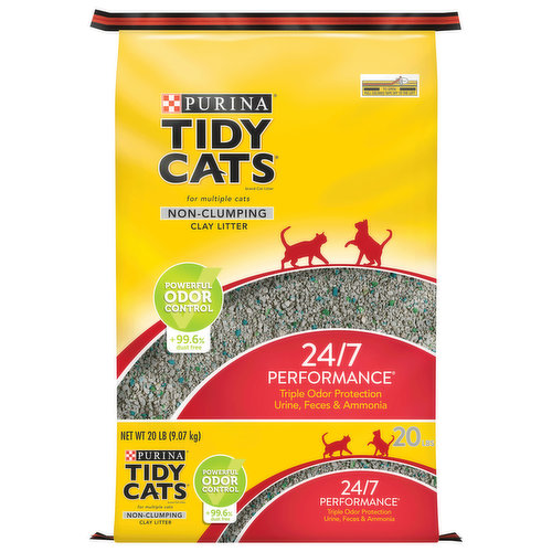 Spend more quality time with your cats and less time around their litter boxes with Purina Tidy Cats 24/7 Performance non-clumping cat litter. The extended-release deodorizing system works to keep unpleasant odors at bay near your cats' litter boxes, and the triple odor protection technology keeps your home smelling fresh and clean. This non-clumping kitty litter formula absorbs moisture to keep your cats dry and comfortable, so they are more willing to use their litter boxes each day. With no clumping, this cat litter makes cleaning each litter box quick and simple. This litter is formulated for multiple cat households, and it delivers long-lasting litter odor control so you can change your litter tomorrow (or the next day) while still keeping odors under control. Fill each cats' litter box with this Tidy formula, and let them know you care about their personal care and happiness.