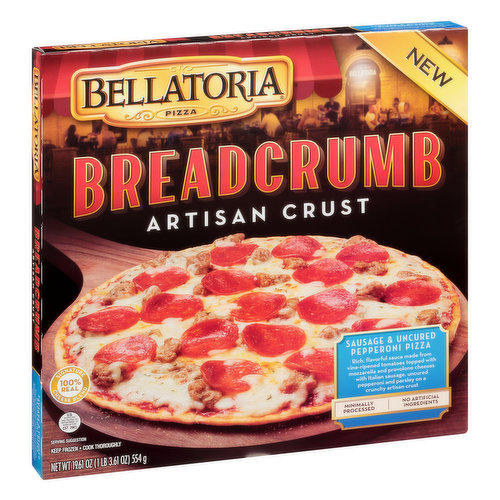 Bellatoria Pizza Breadcrumb Pizza, Artisan Crust, Sausage & Uncured Pepperoni