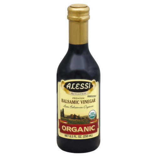 Premium. USDA organic. www.alessifoods.com. A deposit found in the bottle is a natural occurrence of the product and does not deter the quality. Acidity 6%. Certified organic by QCS. Product of Italy. Packed in the USA.