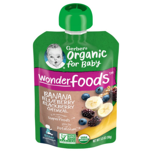 Gerber Organic for Baby Oatmeal, Banana Blueberry Blackberry, Wonderfoods, Sitter 2nd Foods